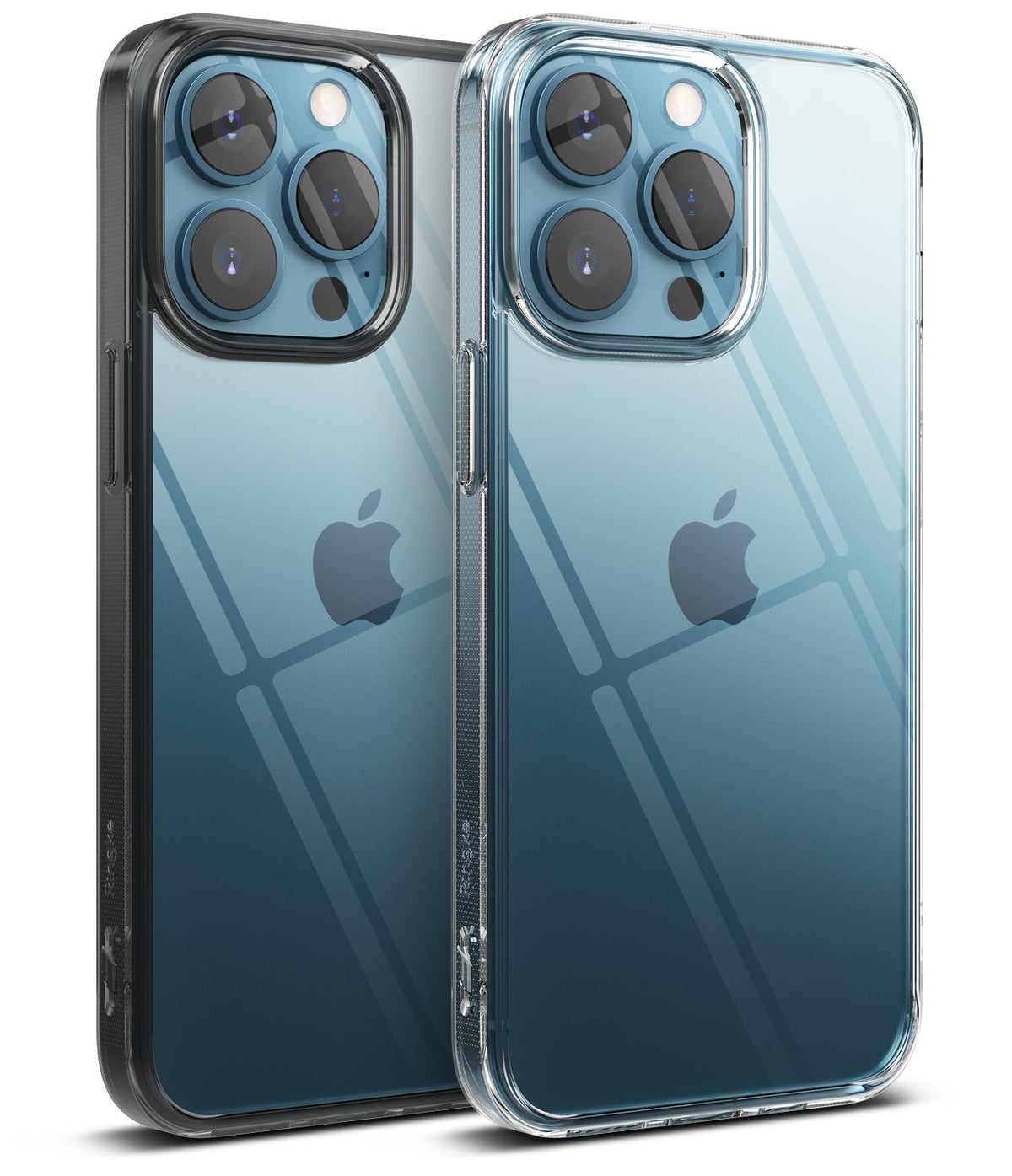 iPhone 13 Pro Max Case | Fusion - Two iPhone 13 Pro Max phones in clear and black Fusion cases showing triple camera arrays.