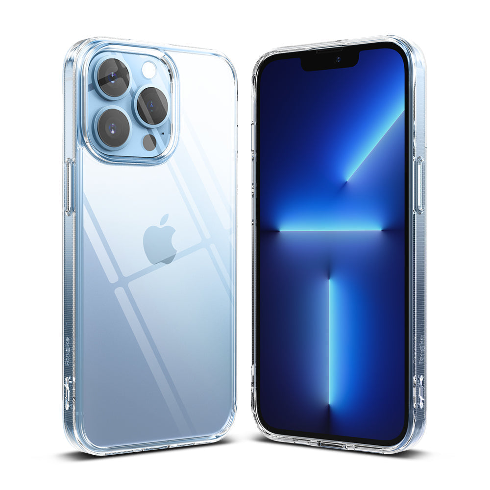 iPhone 13 Pro Max Case | Fusion - Clear protective case shown from front and back on a light blue iPhone 13 Pro Max.