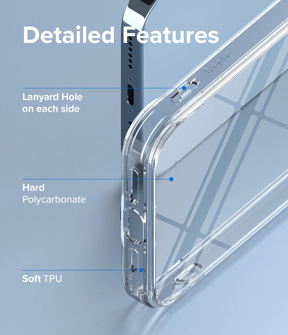 iPhone 13 Pro Max Case | Fusion - Clear phone case features labeled with lanyard holes, polycarbonate, and TPU.