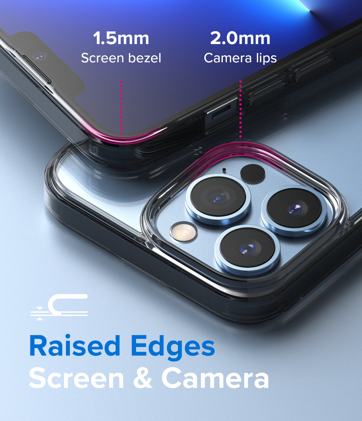iPhone 13 Pro Max Case | Fusion - Close-up of phone case highlighting 1.5mm screen bezel and 2.0mm camera lips for protection.