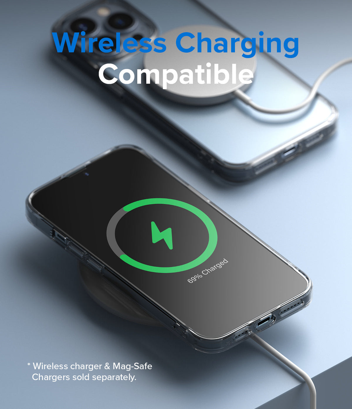 iPhone 13 Pro Max Case | Fusion - Clear phone case on a wireless charger showing a green charging icon on the screen.