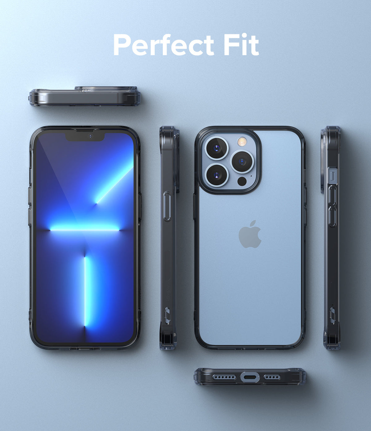 iPhone 13 Pro Max Case | Fusion - Multiple views of a clear phone case on a blue iPhone 13 Pro Max against a blue background.