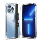 iPhone 13 Pro Max Case | Fusion Plus - Clear protective case with a black adjustable strap on a blue iPhone.