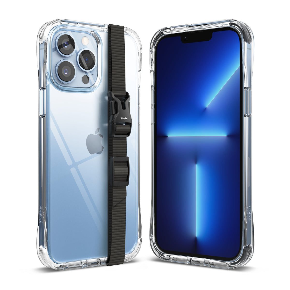 iPhone 13 Pro Max Case | Fusion Plus - Clear protective case with a black adjustable strap on a blue iPhone.