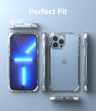 iPhone 13 Pro Max Case | Fusion Plus - White/Lime Glow - Multiple views of a clear phone case on a blue iPhone.