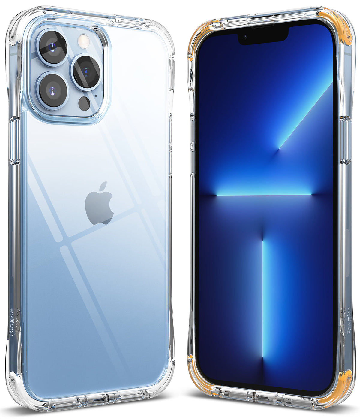 iPhone 13 Pro Max Case | Fusion Plus - Clear protective case with yellow corner accents shown on front and back.