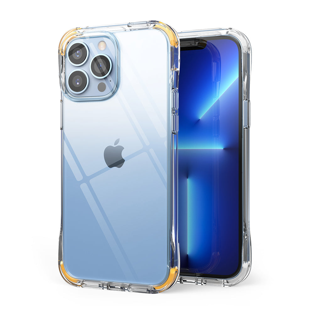 iPhone 13 Pro Max Case | Fusion Plus - Clear protective case with yellow-tinted corners on a light blue iPhone 13 Pro Max.