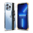 iPhone 13 Pro Max Case | Fusion Plus - Clear protective case with a black adjustable strap on a blue iPhone 13 Pro Max.