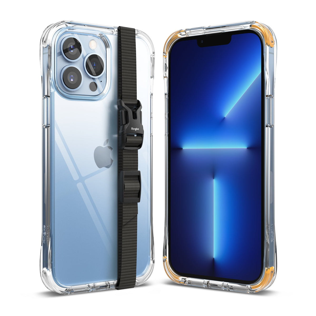 iPhone 13 Pro Max Case | Fusion Plus - Clear protective case with a black adjustable strap on a blue iPhone 13 Pro Max.
