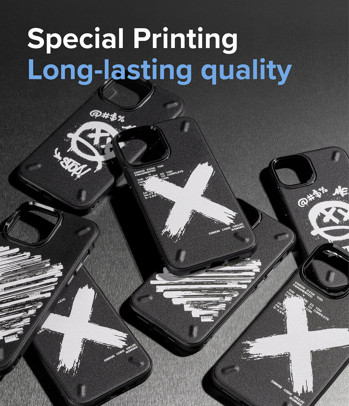 iPhone 13 Pro Max Case | Onyx Design - Multiple black phone cases with white graffiti-style X and skull graphics.