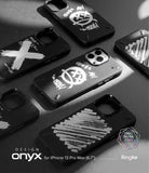 iPhone 13 Pro Max Case | Onyx Design - Multiple black phone cases with white graffiti-style graphics arranged on a dark surface.