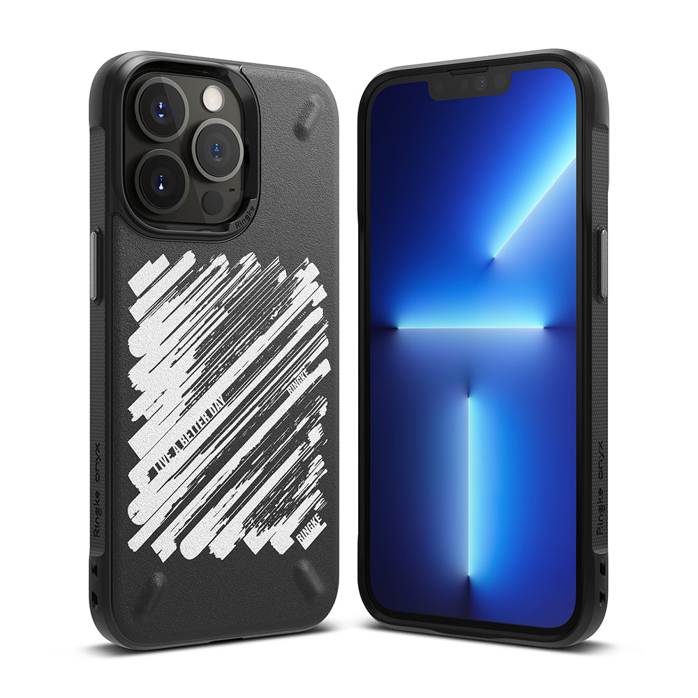 iPhone 13 Pro Max Case | Onyx Design - Black phone case with white diagonal brushstroke pattern and text on back.