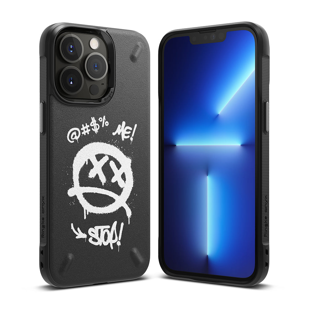 iPhone 13 Pro Max Case | Onyx Design - Black phone case with white graffiti-style "STOP!" and emoji graphic.