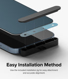 iPhone 14 Plus / 13 Pro Max Screen Protector | Privacy Glass - iPhone 14 Plus / 13 Pro Max Screen Protector - Privacy glass aligning with an installation jig on a smartphone screen.