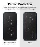 iPhone 14 Plus / 13 Pro Max Screen Protector | Privacy Glass - iPhone 14 Plus / 13 Pro Max Screen Protector - Comparison of clean privacy glass versus a smudged, scratched screen.