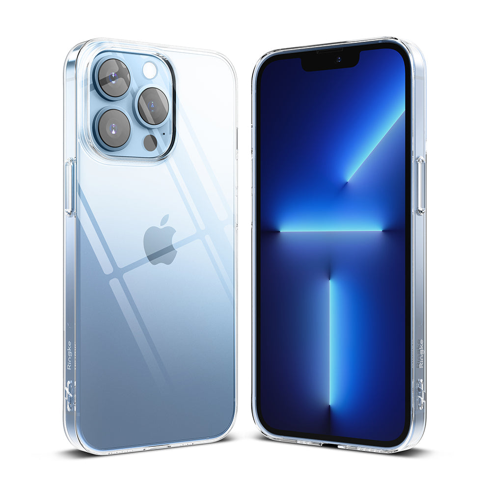 iPhone 13 Pro Max Case | Slim - Front and back views of a clear, slim protective case on an iPhone 13 Pro Max.