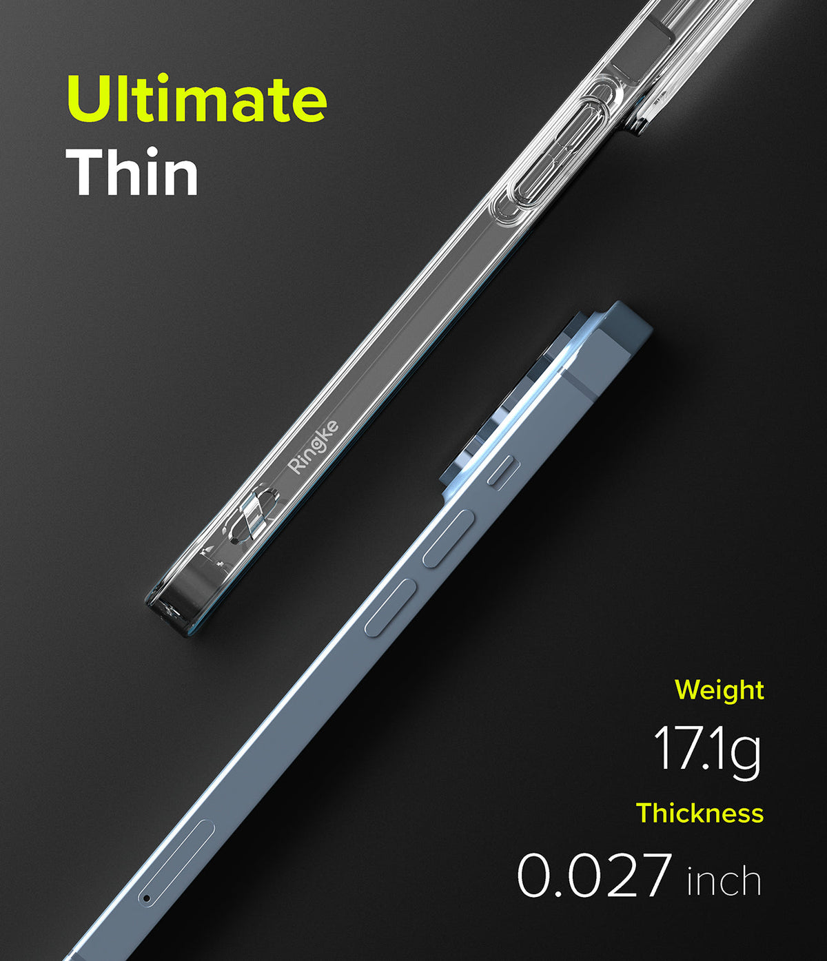 iPhone 13 Pro Case | Slim - A clear, thin phone case shown next to a blue iPhone, highlighting its 17.1g weight and 0.027-inch thickness.