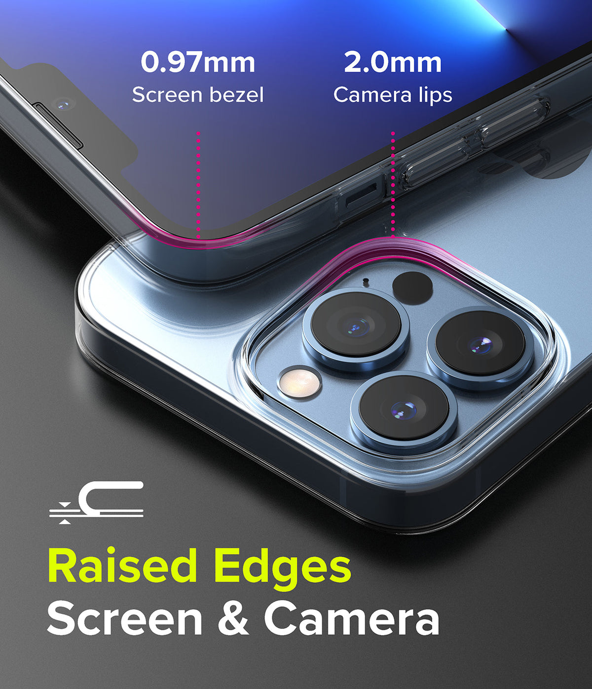 iPhone 13 Pro Max Case | Slim - Close-up of phone case showing 0.97mm screen bezel and 2.0mm camera lips for protection.