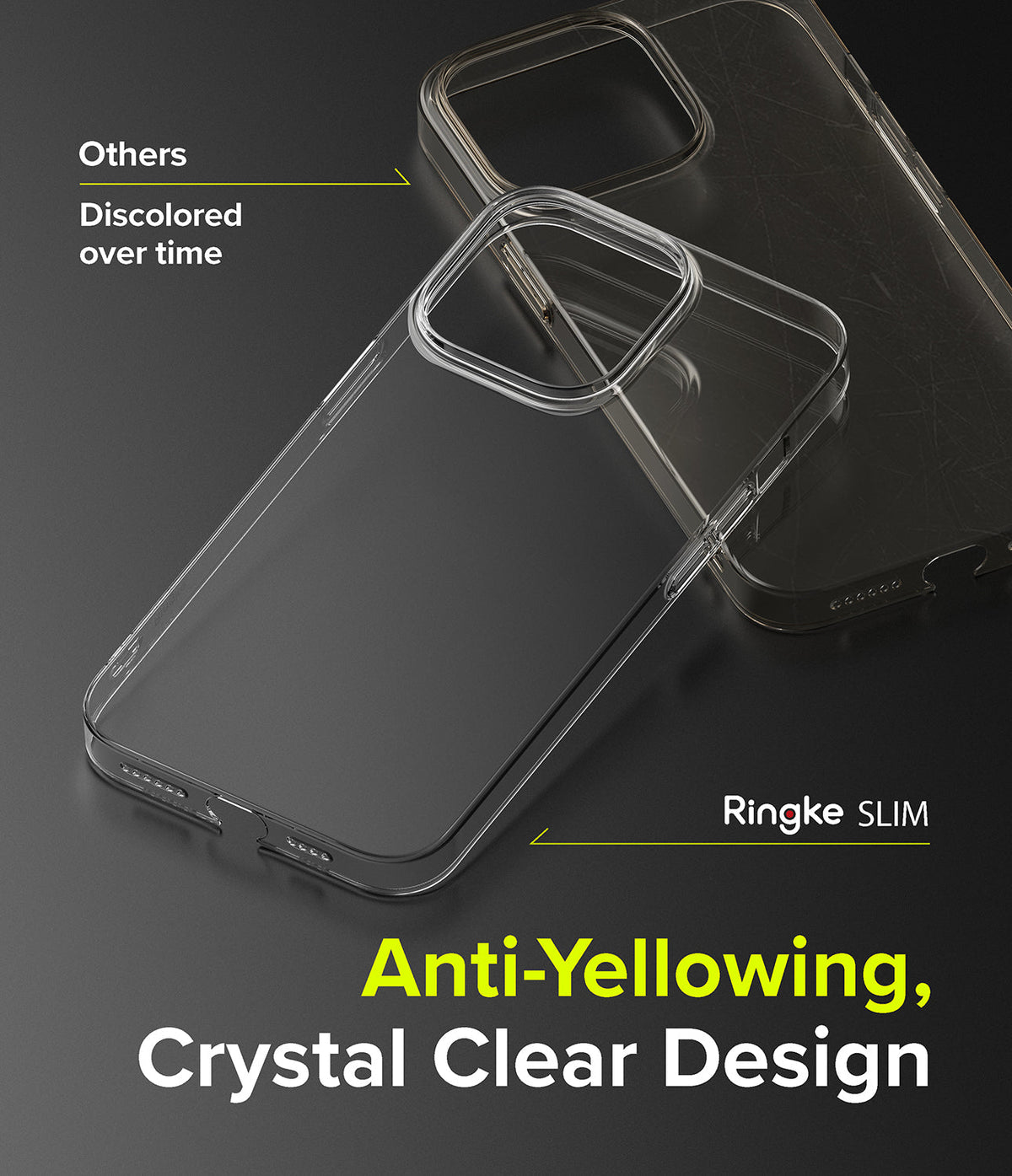 iPhone 13 Pro Max Case | Slim - Comparison of a clear Ringke case versus a discolored, scratched competitor case.