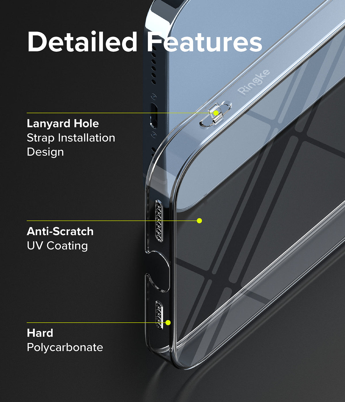 iPhone 13 Pro Max Case | Slim - Close-up of clear phone case highlighting lanyard hole, UV coating, and polycarbonate material.