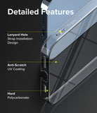 iPhone 13 Pro Max Case | Slim - Close-up of clear phone case highlighting lanyard hole, UV coating, and polycarbonate material.