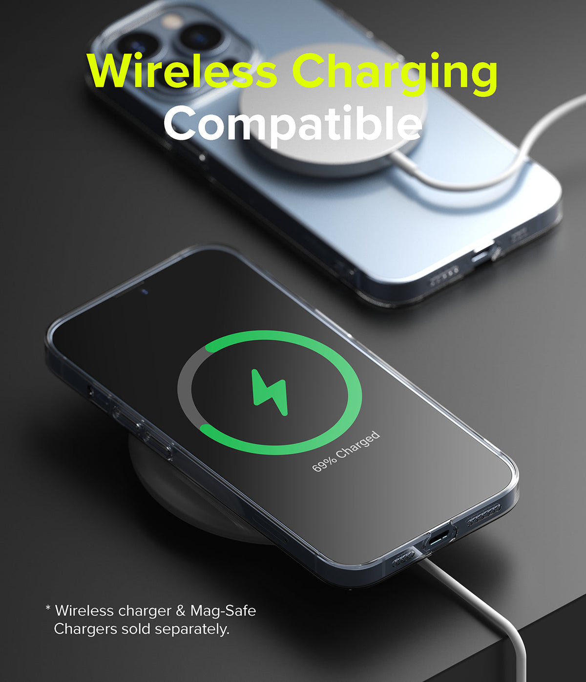 iPhone 13 Pro Case | Slim - iPhone 13 Pro in a clear case wirelessly charging with a MagSafe charger and charging icon on screen.