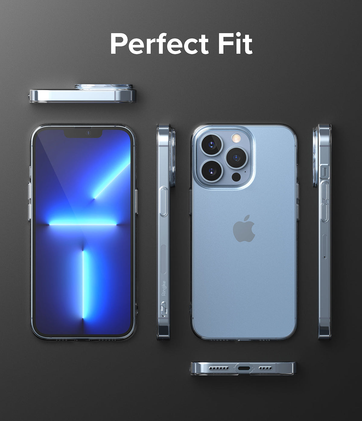 iPhone 13 Pro Max Case | Slim - Multiple views of a clear phone case on a blue iPhone 13 Pro Max against a dark background.