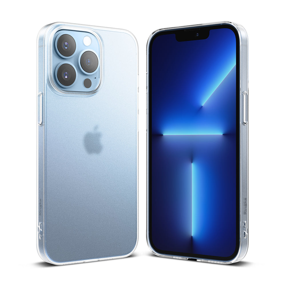 iPhone 13 Pro Max Case | Slim - Front and back views of a light blue iPhone 13 Pro Max in a clear, slim protective case.