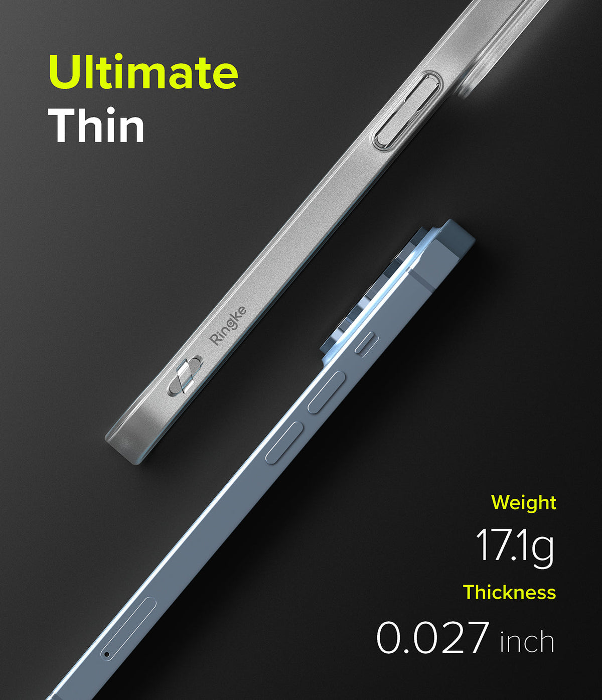 iPhone 13 Pro Max Case | Slim - Side view of a slim blue phone case showing its thin profile, weight, and thickness specs.