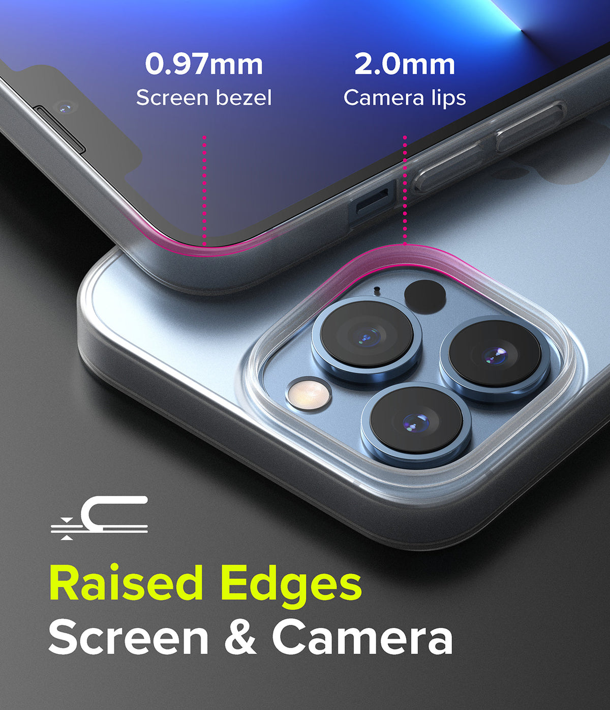 iPhone 13 Pro Max Case | Slim - Close-up of phone case showing 0.97mm screen bezel and 2.0mm camera lips for raised edge protection.
