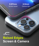 iPhone 13 Pro Max Case | Slim - Close-up of phone case showing 0.97mm screen bezel and 2.0mm camera lips for raised edge protection.