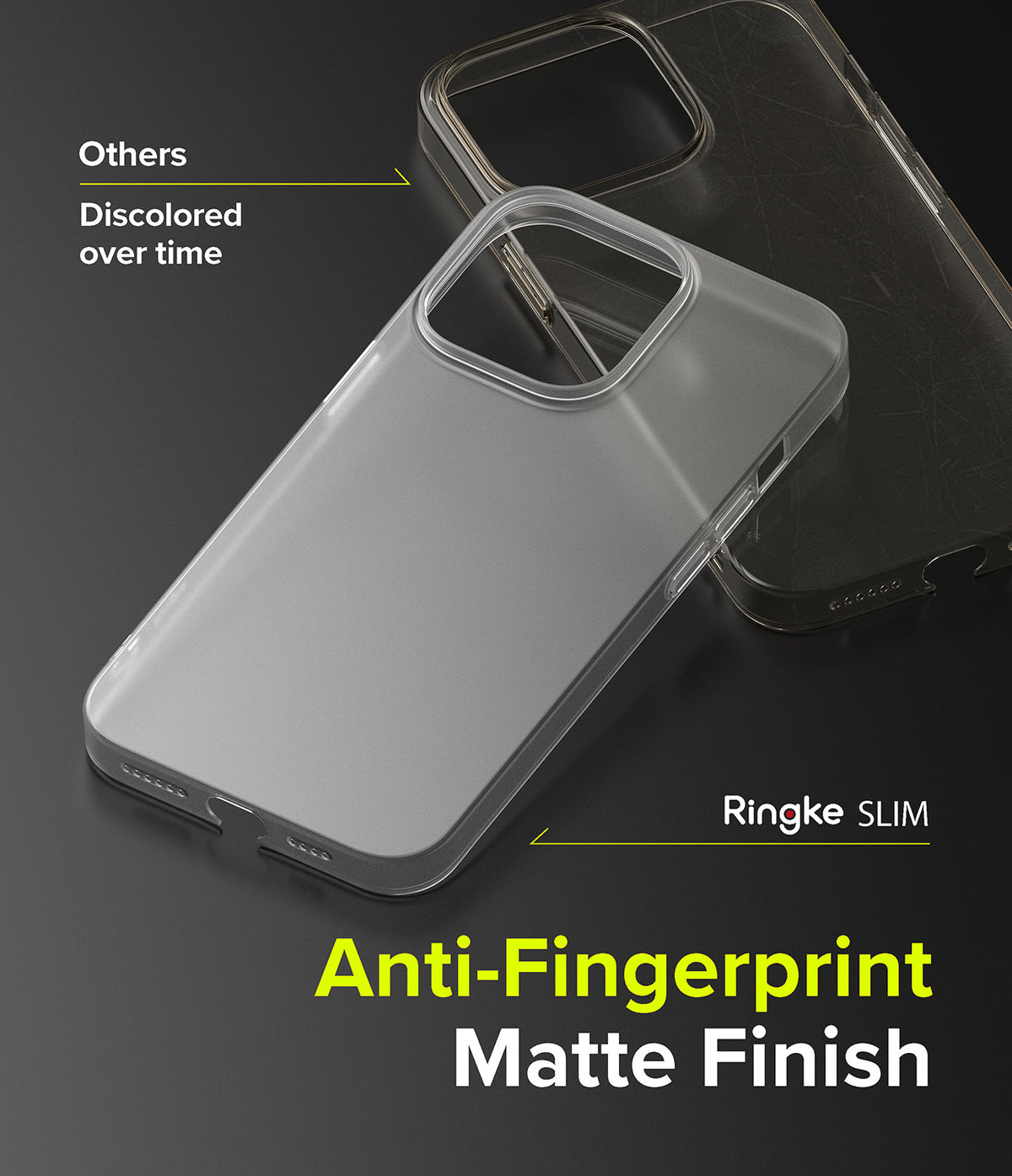 iPhone 13 Pro Max Case | Slim - Comparison of a clear, matte Ringke case against a discolored, scratched standard case.