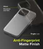 iPhone 13 Pro Case | Slim - Comparison of a clear discolored case and a clean, matte Ringke Slim case on a dark background.