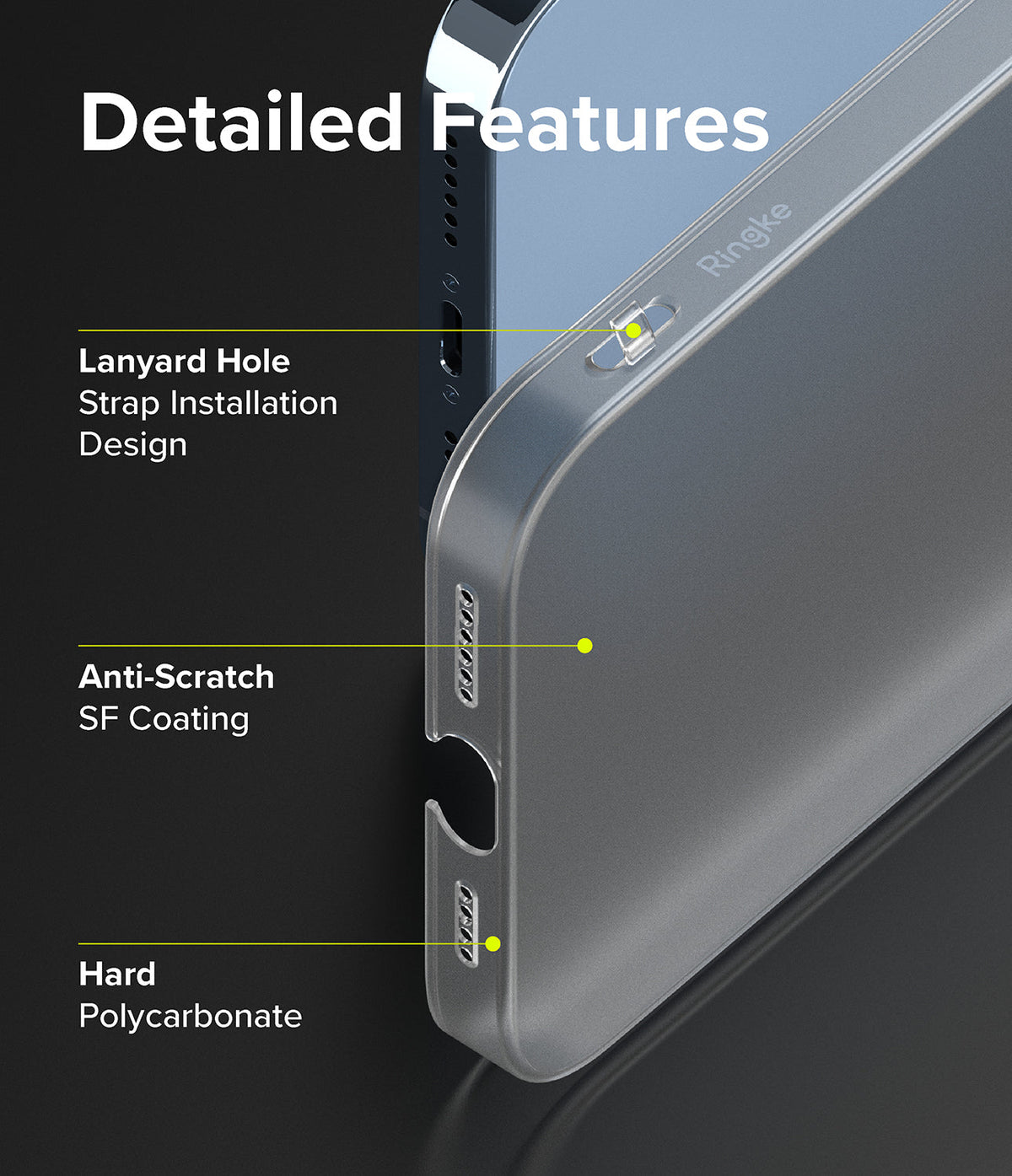 iPhone 13 Pro Max Case | Slim - Close-up of phone case features including lanyard hole, anti-scratch coating, and hard polycarbonate.