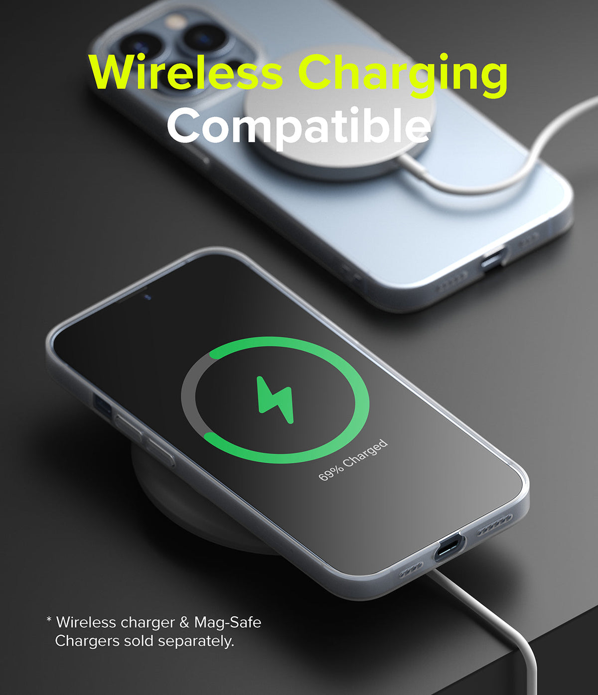 iPhone 13 Pro Max Case | Slim - Two iPhones in slim cases charging wirelessly on a dark surface with a charging icon displayed.