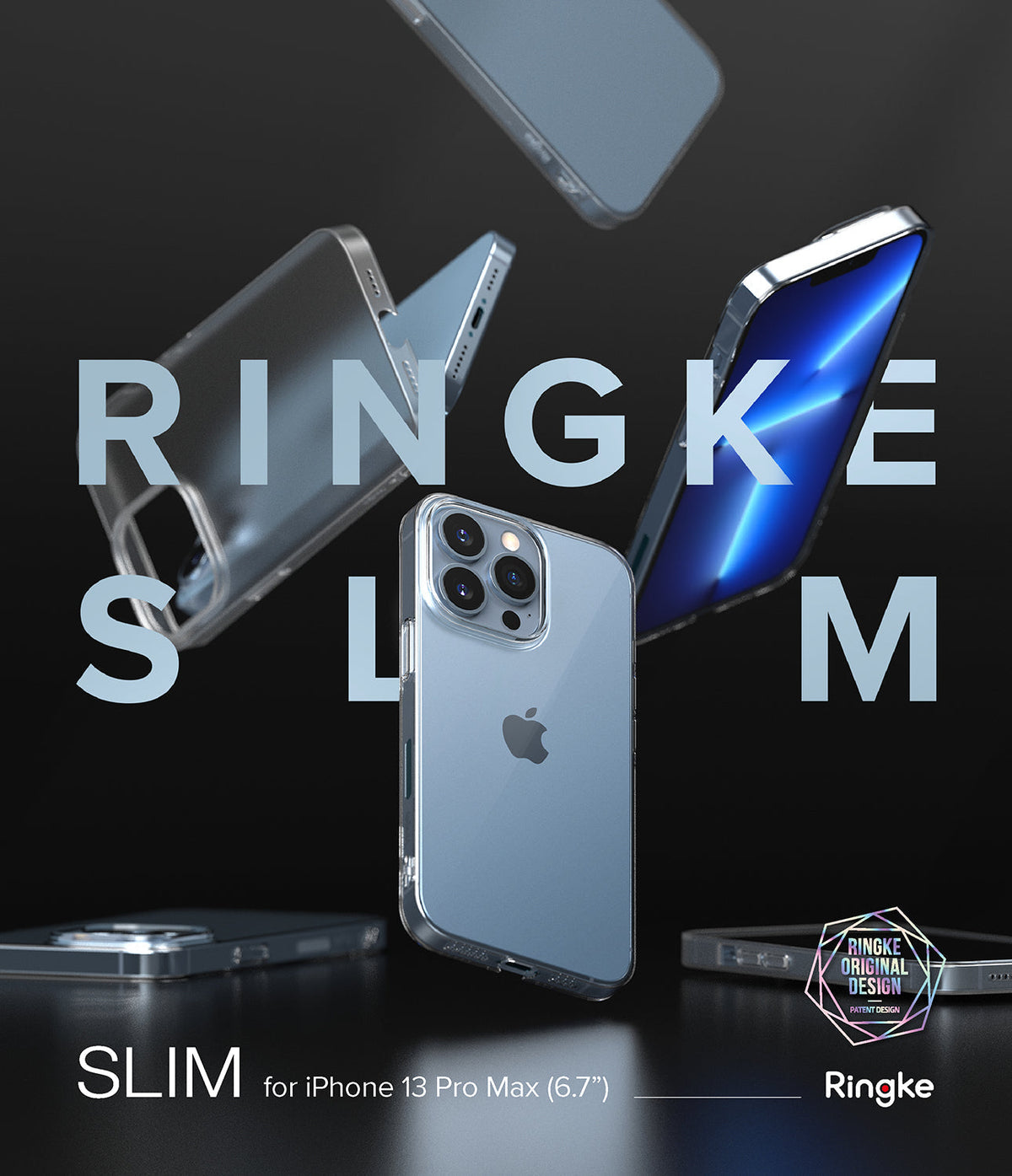 iPhone 13 Pro Max Case | Slim - Floating clear iPhone 13 Pro Max cases against a dark background with Ringke branding.