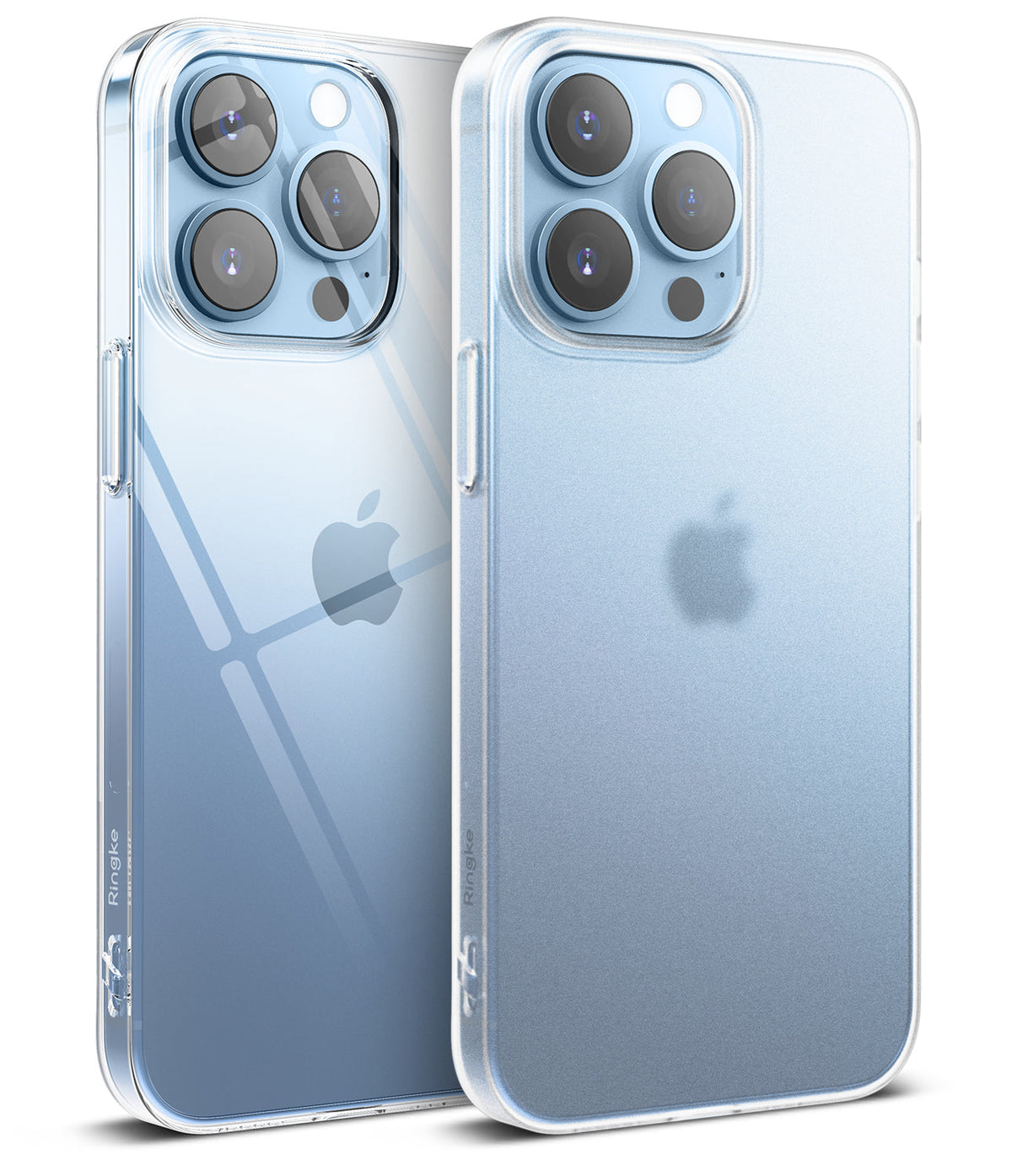 iPhone 13 Pro Max Case | Slim - Two light blue iPhone 13 Pro Max phones in clear and matte slim protective cases.