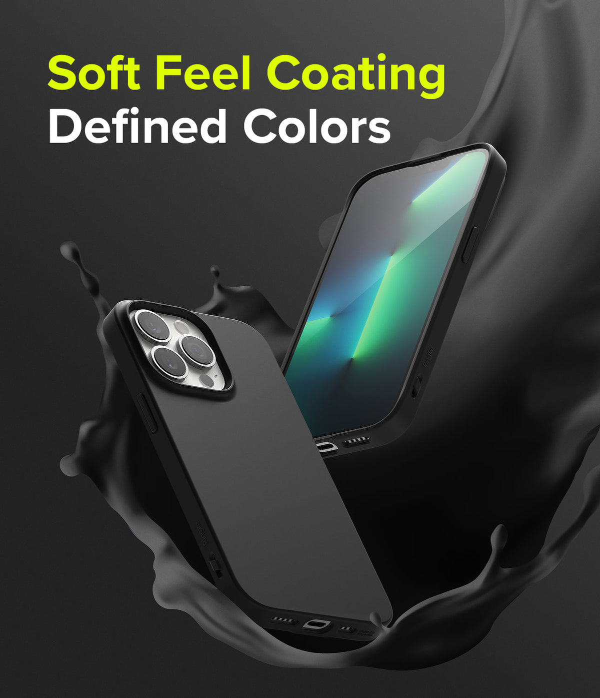 iPhone 13 Pro Case | Air-S - Matte black phone case floating amidst black liquid splashes with text Soft Feel Coating Defined Colors.
