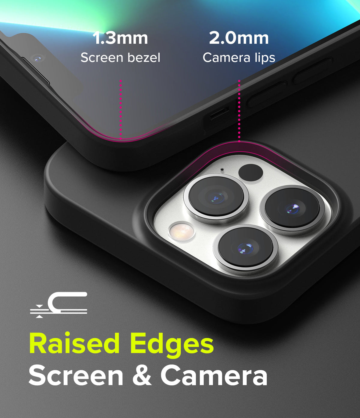 iPhone 13 Pro Case | Air-S - Close-up showing 1.3mm screen bezel and 2.0mm camera lips on a black protective phone case.
