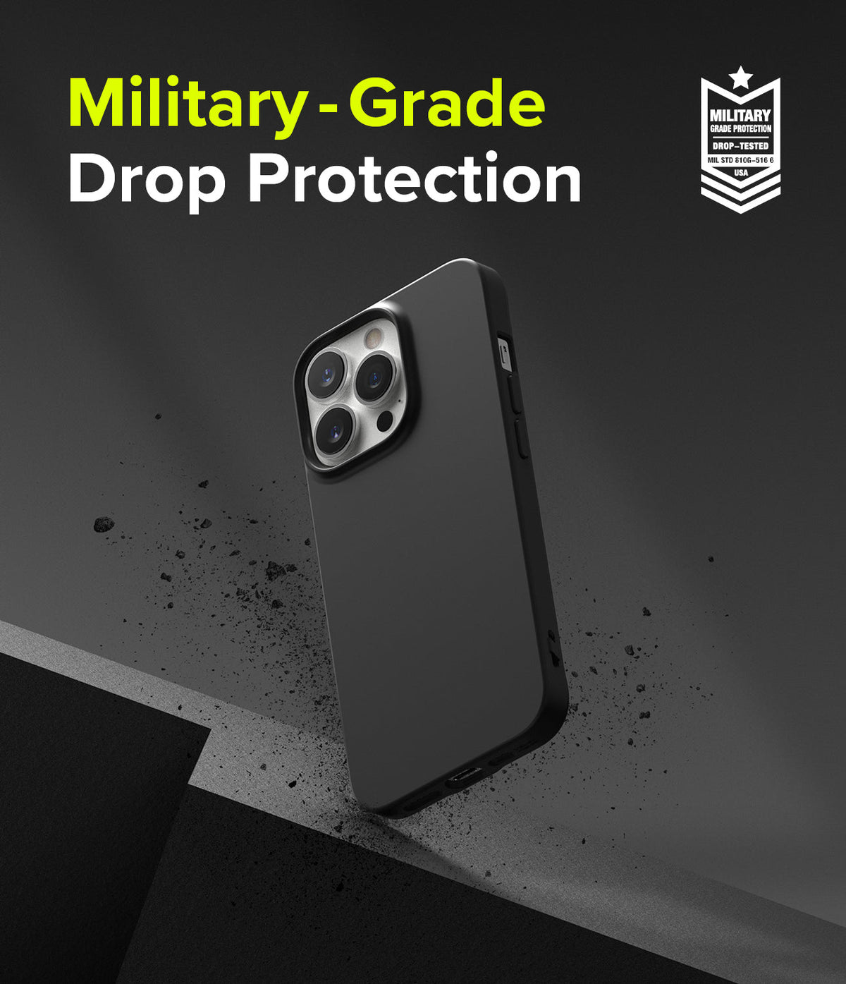 iPhone 13 Pro Case | Air-S - Black phone case with military-grade drop protection badge against a dark, debris-filled background.