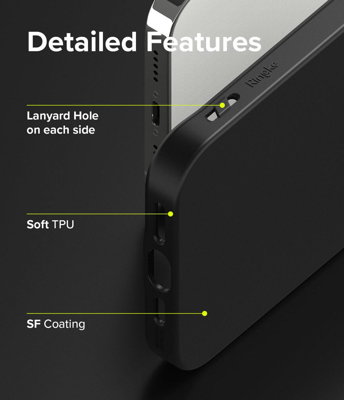 iPhone 13 Pro Case | Air-S - Close-up of black phone case highlighting lanyard holes, soft TPU material, and SF coating.