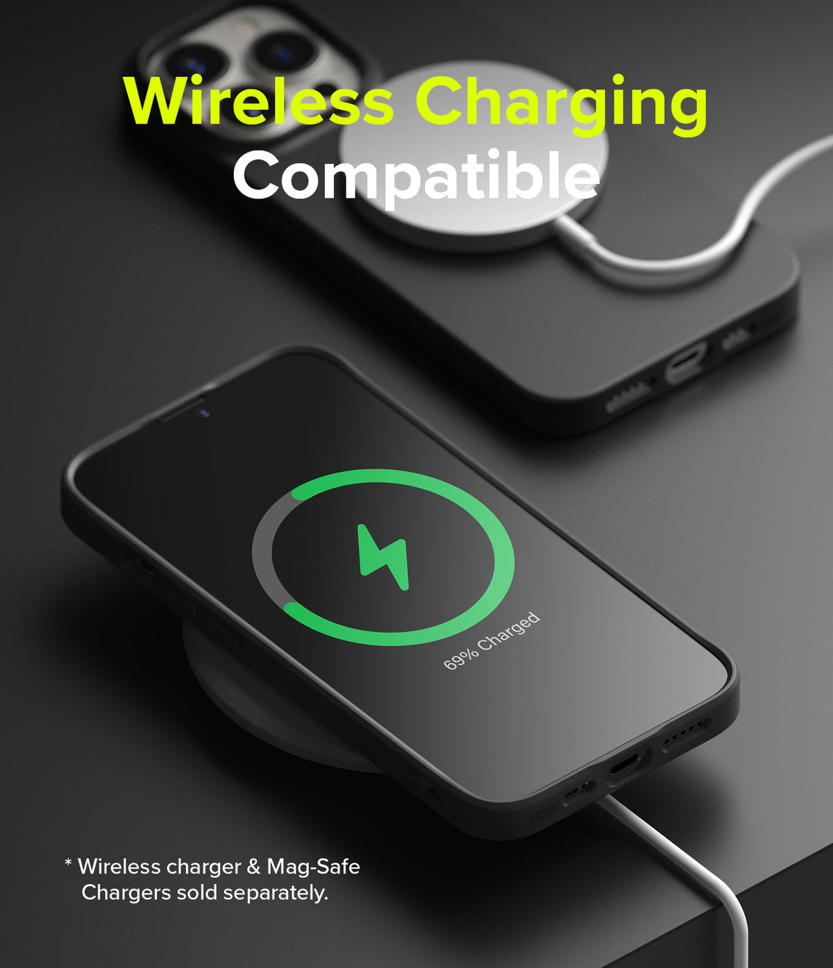 iPhone 13 Pro Case | Air-S - Black phone case on a wireless charger showing a green charging icon and 69% battery level.