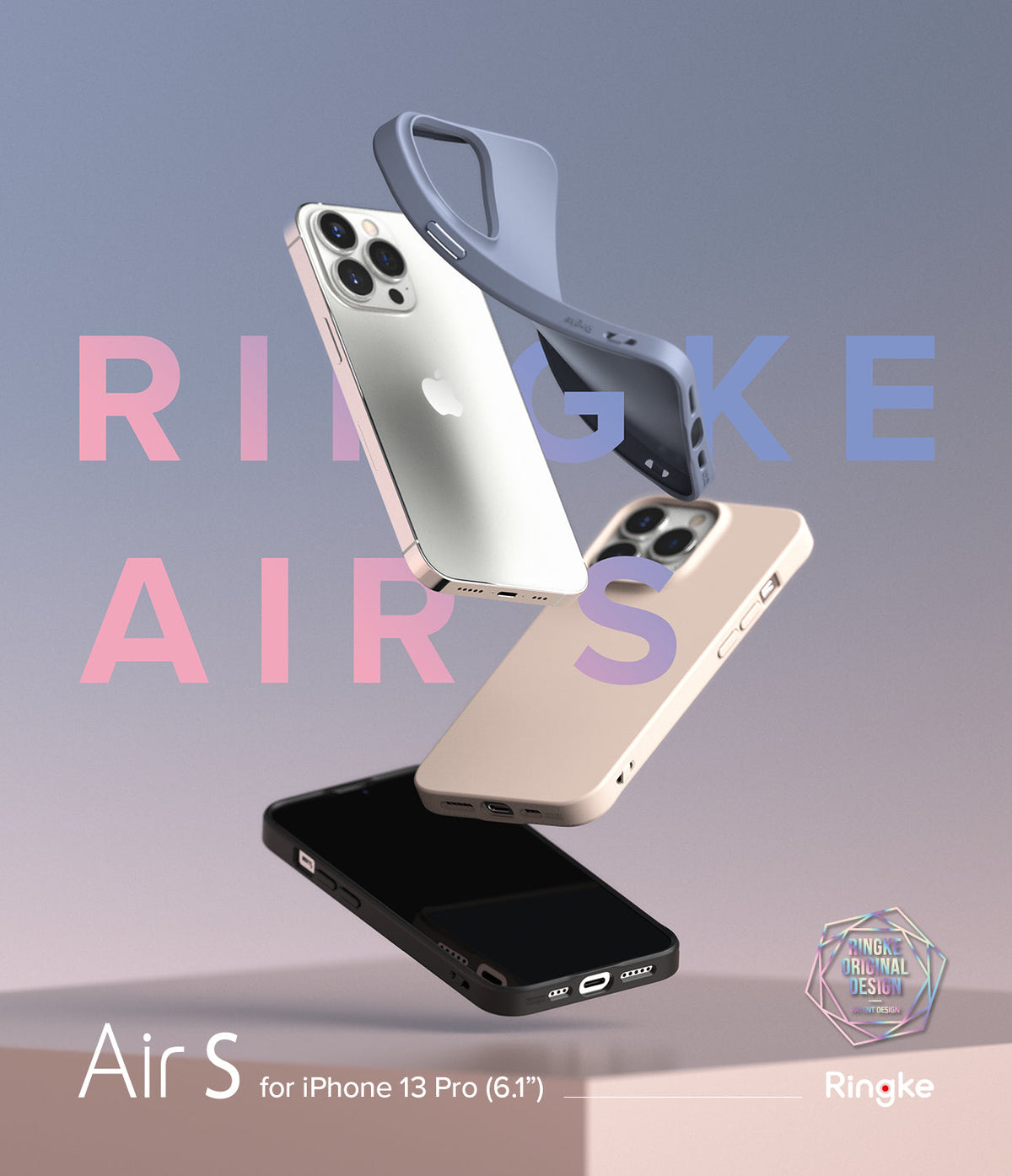 iPhone 13 Pro Case | Air-S - Three iPhone 13 Pro cases in blue, beige, and black floating against a soft gradient background.