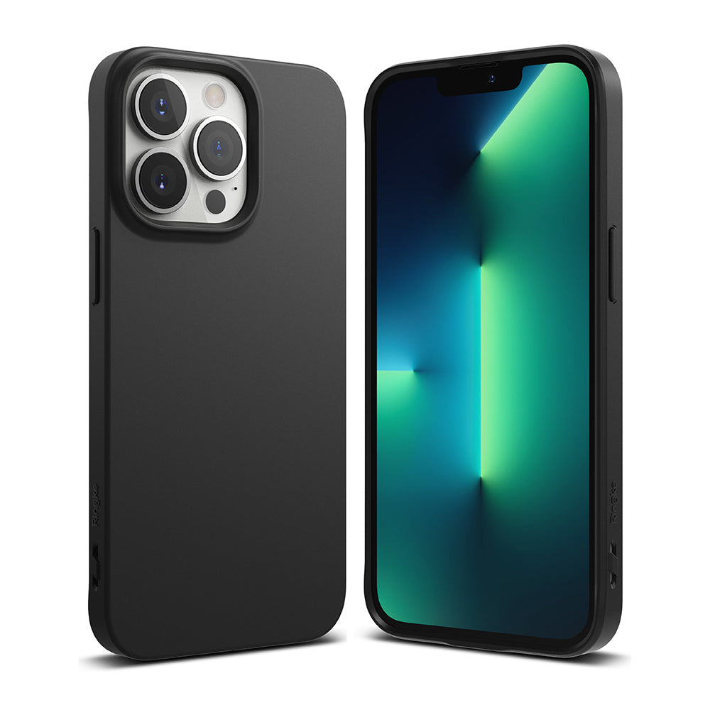 iPhone 13 Pro Case | Air-S - Matte black phone case shown from back and front views on an iPhone 13 Pro.