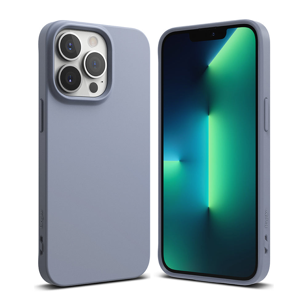 iPhone 13 Pro Case | Air-S - Matte lavender phone case shown from back and front with a green gradient screen display.