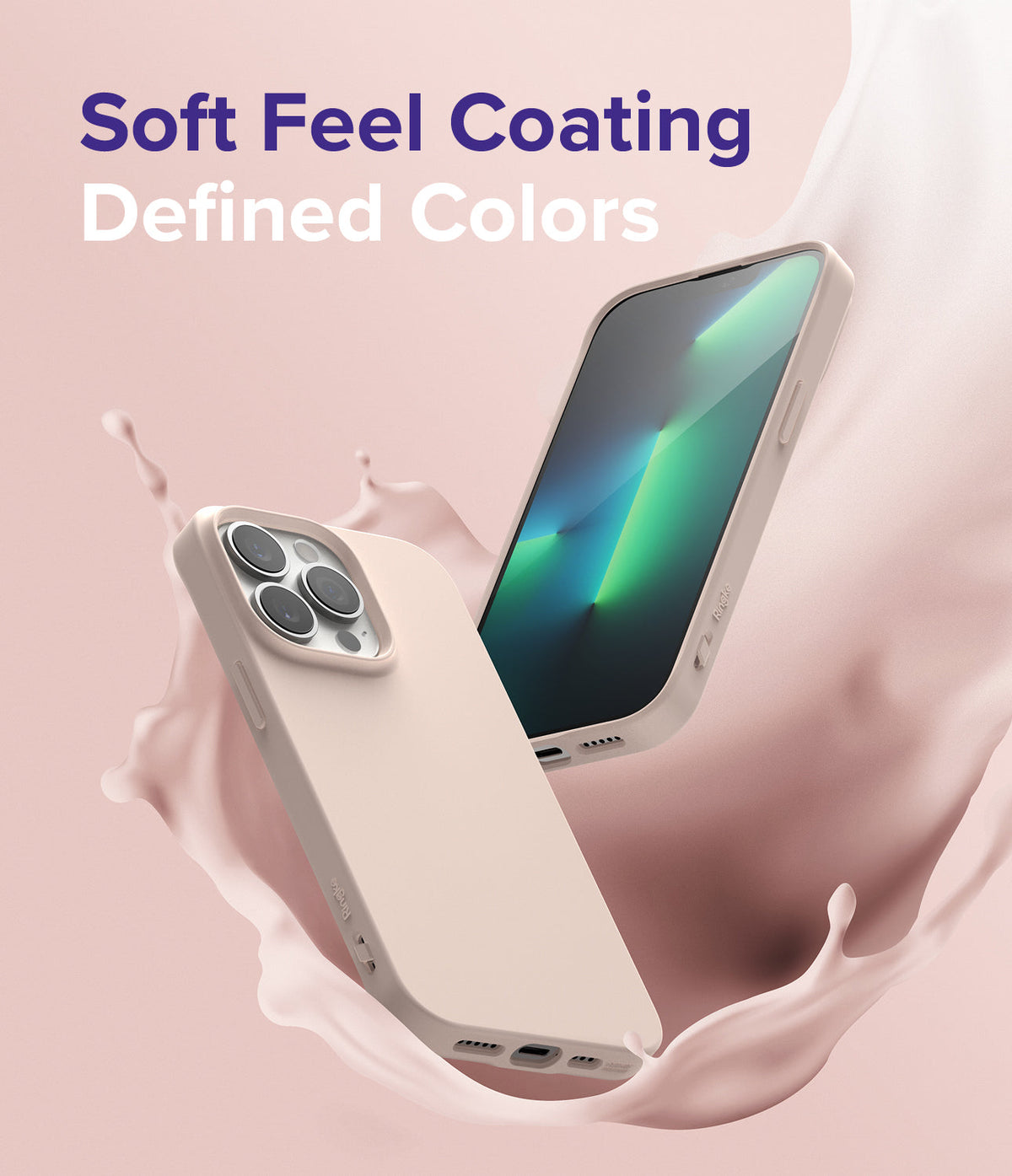 iPhone 13 Pro Case | Air-S - Two beige phone cases floating amidst a soft pink liquid splash with text overlay.