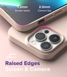 iPhone 13 Pro Case | Air-S - Close-up showing 1.3mm screen bezel and 2.0mm camera lips on a beige protective phone case.