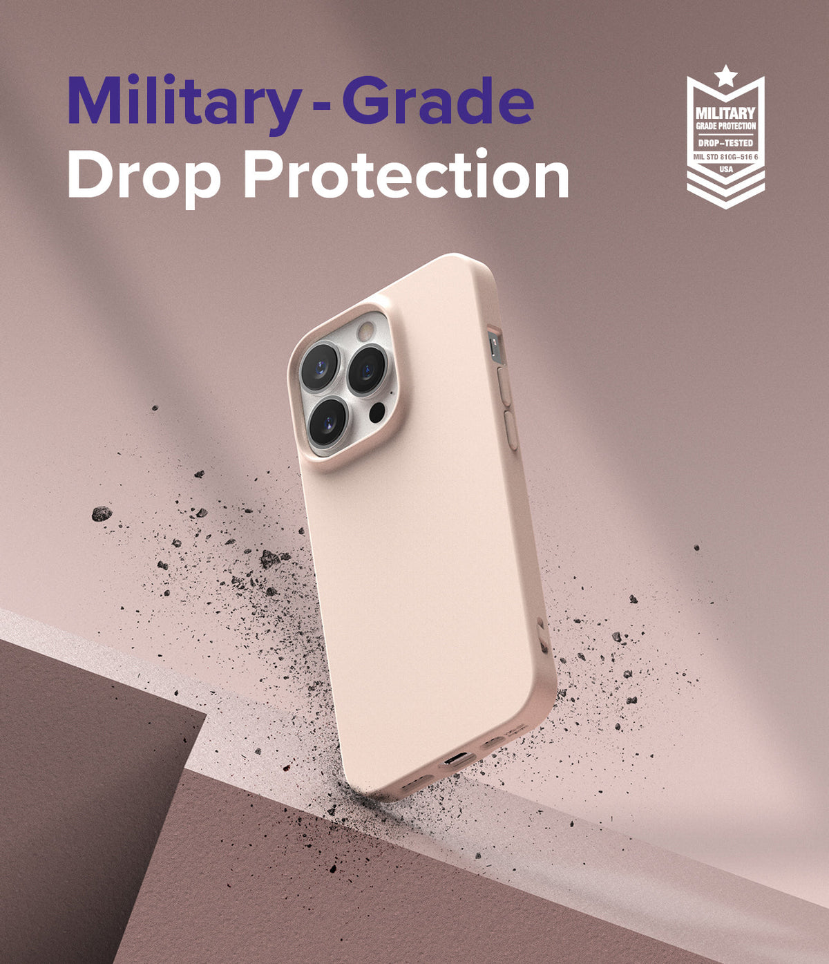 iPhone 13 Pro Case | Air-S - Light pink phone case floating above a surface with dust particles and military-grade protection text.