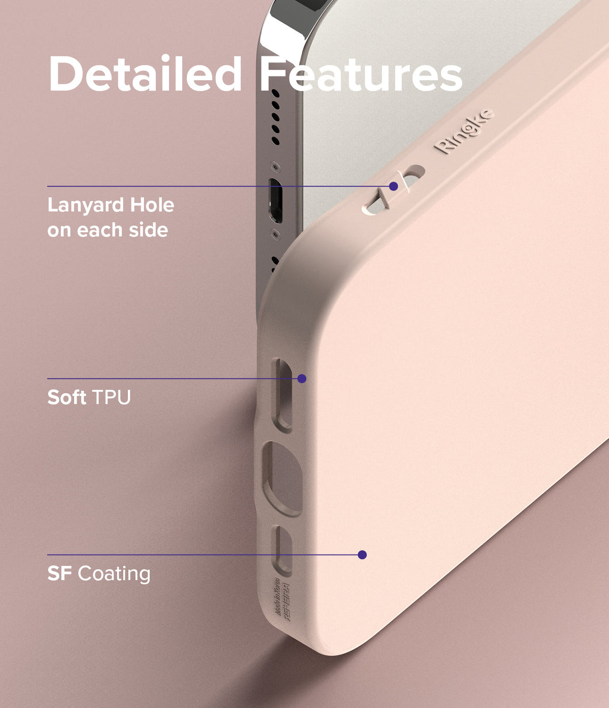 iPhone 13 Pro Case | Air-S - Close-up of a pink phone case highlighting lanyard holes, soft TPU material, and SF coating.
