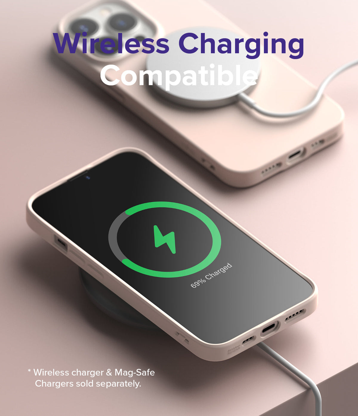 iPhone 13 Pro Case | Air-S - iPhone 13 Pro in a light pink case charging wirelessly on a pad with a green charging icon on screen.